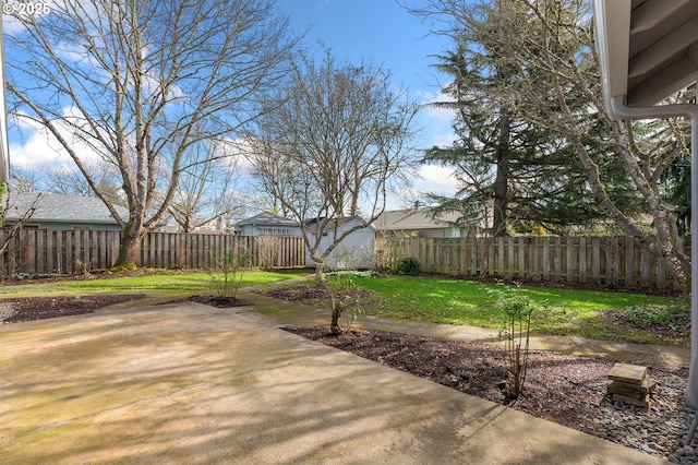 view of yard featuring a fenced backyard, a patio, and an outdoor structure