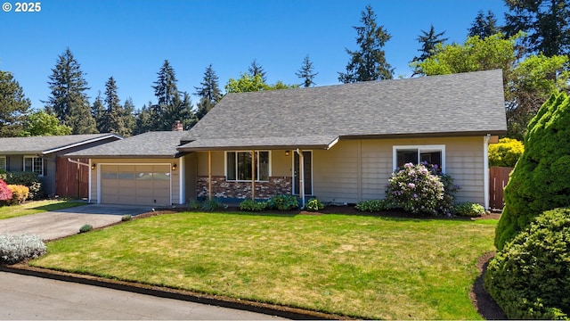 view of front of property with a garage, a porch, a front yard, and asphalt driveway