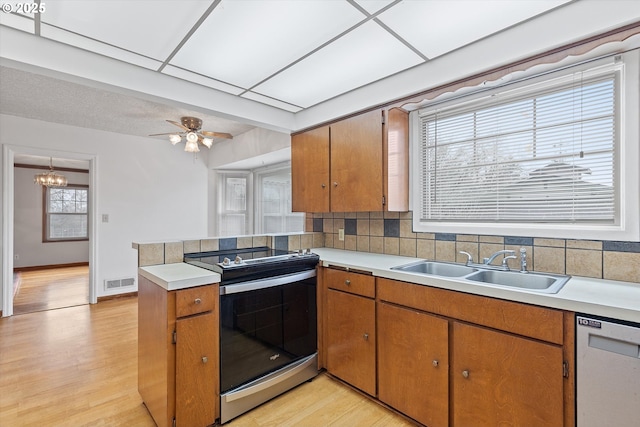 kitchen featuring sink, stainless steel electric range oven, white dishwasher, kitchen peninsula, and light hardwood / wood-style floors