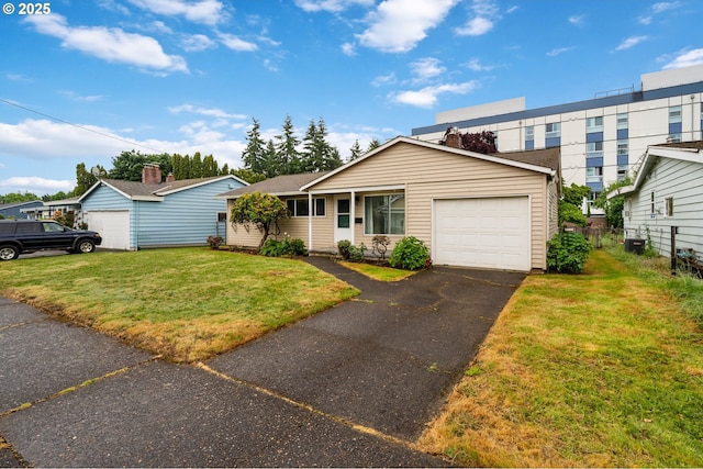 10438 NE Davis St, Portland, OR 97220 - view of front of property with a front yard, a garage, central AC, and asphalt driveway