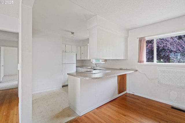 10438 NE Davis St, Portland, OR 97220 - kitchen featuring freestanding refrigerator, a peninsula, light countertops, and plenty of natural light