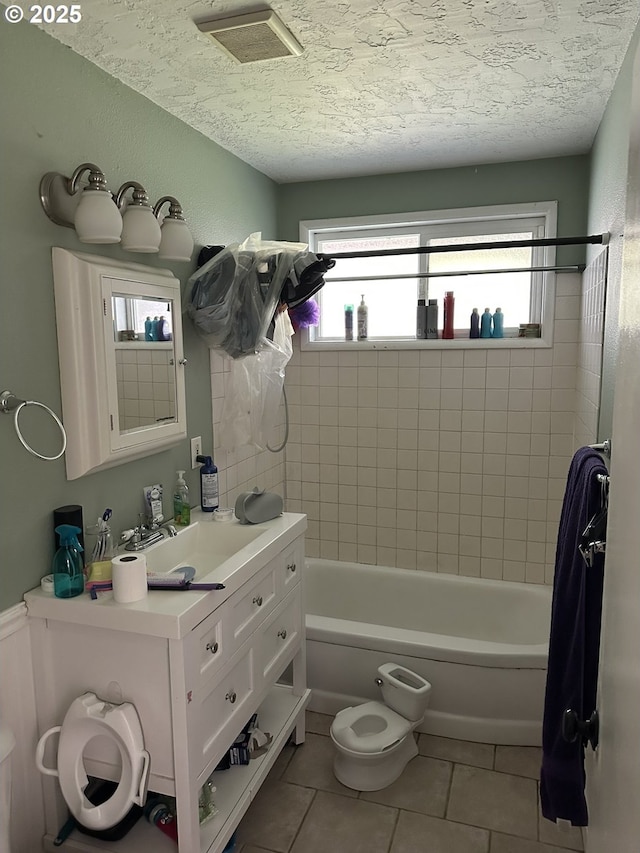 2126 SE 162nd Ave, Portland, OR 97233 - bathroom with tile patterned floors, vanity, plenty of natural light, shower / bath combination, and a textured ceiling