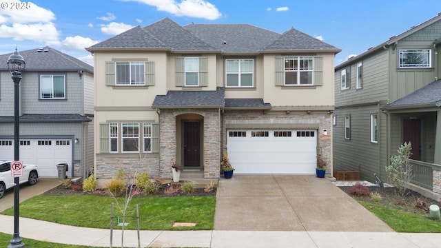 16679 SW Darwin Loop, Portland, OR 97224 - view of front facade featuring stone siding, a garage, stucco siding, concrete driveway, and roof with shingles