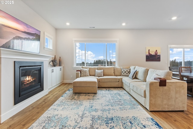 16679 SW Darwin Loop, Portland, OR 97224 - living area with wood finished floors, recessed lighting, a glass covered fireplace, and baseboards