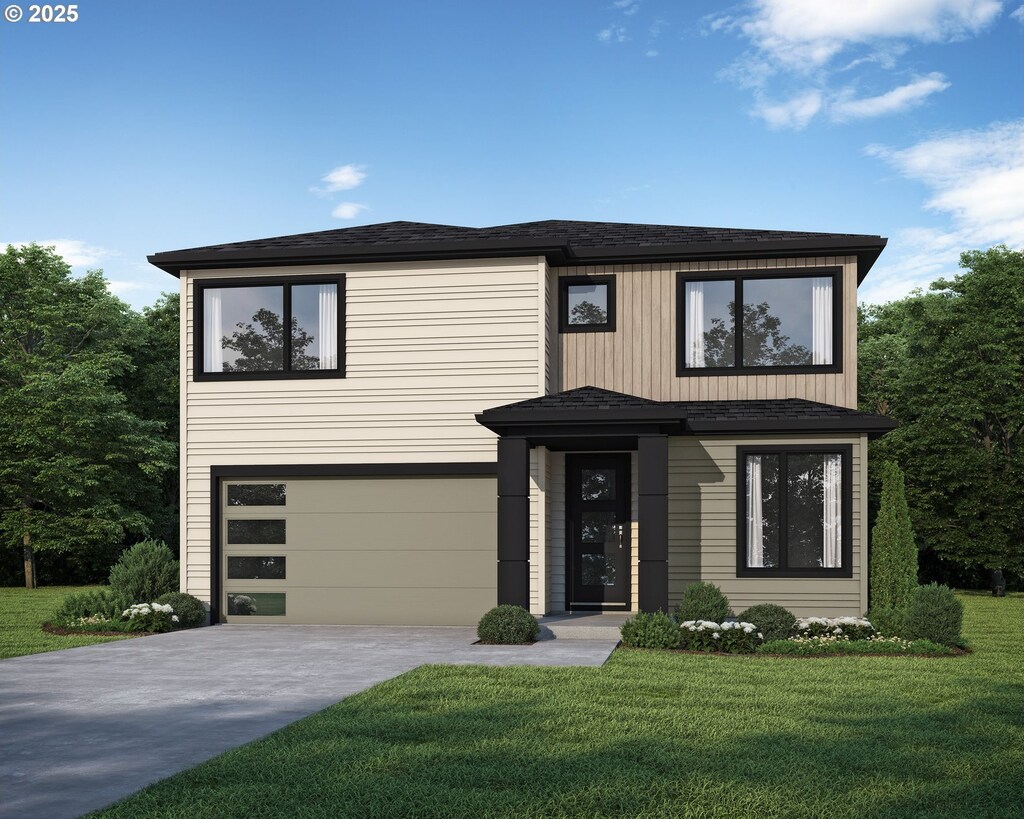 view of front of property with roof with shingles, an attached garage, driveway, and a front yard