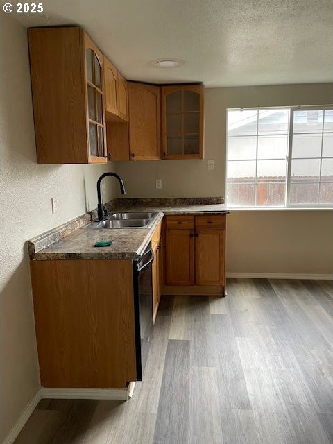 kitchen with light wood-type flooring, glass insert cabinets, black dishwasher, and a sink