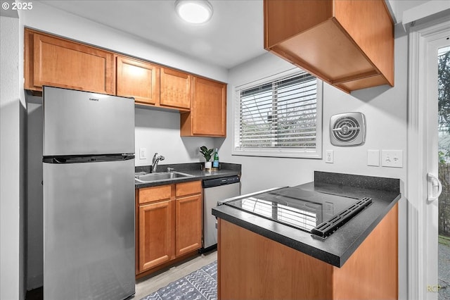 kitchen with premium range hood, sink, stainless steel appliances, and light wood-type flooring