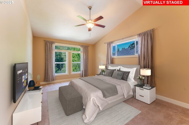 35908 Chinook St, Sandy, OR 97055 - bedroom with vaulted ceiling, baseboards, ceiling fan, and carpet floors