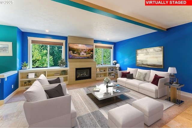 35908 Chinook St, Sandy, OR 97055 - living area featuring healthy amount of natural light, baseboards, a fireplace, and recessed lighting