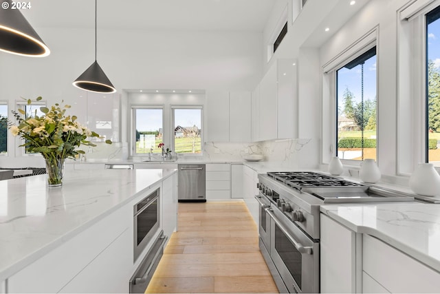 kitchen with light wood-type flooring, decorative backsplash, appliances with stainless steel finishes, white cabinetry, and modern cabinets