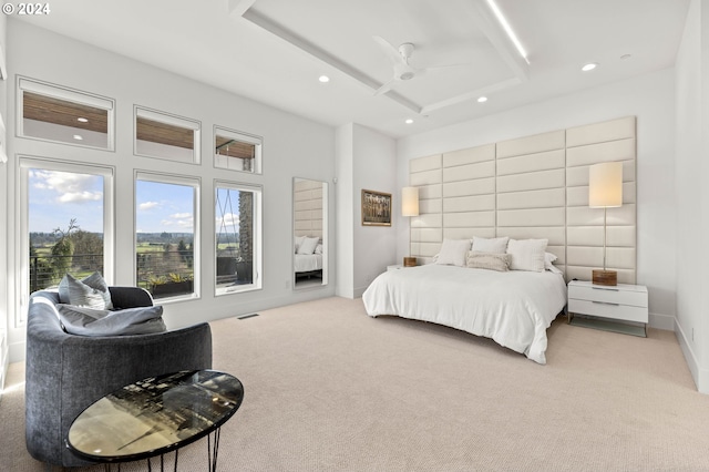 carpeted bedroom with visible vents, recessed lighting, baseboards, and ceiling fan