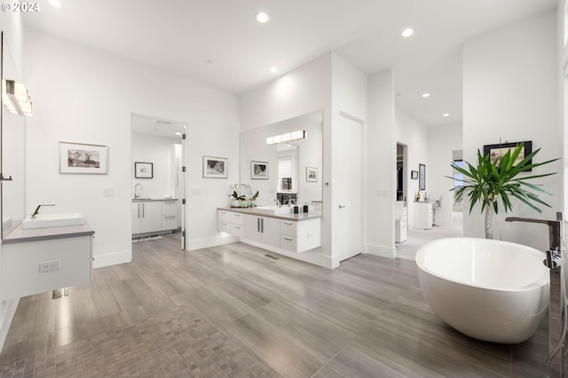 bathroom featuring a sink, a freestanding tub, and two vanities