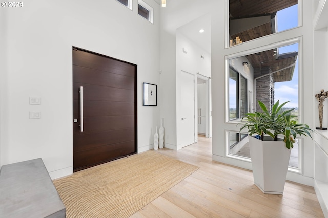 entrance foyer featuring baseboards, light wood-style floors, and a towering ceiling