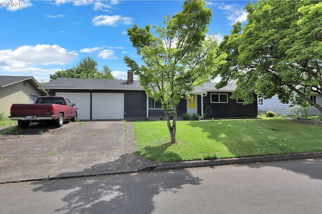 1533 Sequoia Ave, Springfield, OR 97477 - ranch-style home featuring an attached garage, driveway, a front yard, a chimney, and a shingled roof