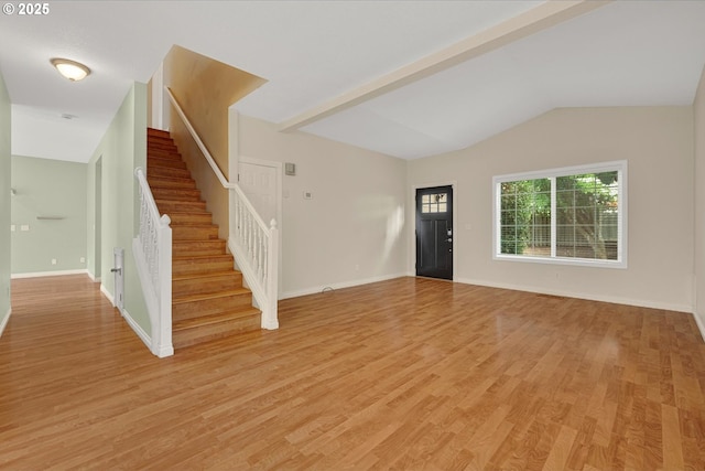 5966 Frost Ln, Lake Oswego, OR 97035 - foyer entrance with light wood-type flooring, stairway, and lofted ceiling