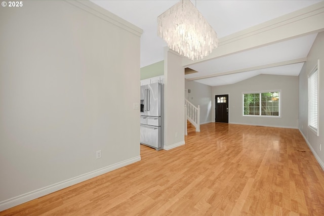 5966 Frost Ln, Lake Oswego, OR 97035 - unfurnished living room featuring a chandelier, stairs, vaulted ceiling, and light wood finished floors
