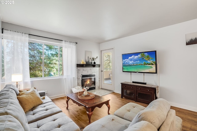living room with baseboards, light wood finished floors, and a fireplace