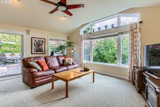 7145 SW Gable Pkwy, Portland, OR 97225 - living room featuring vaulted ceiling, plenty of natural light, carpet, and ceiling fan