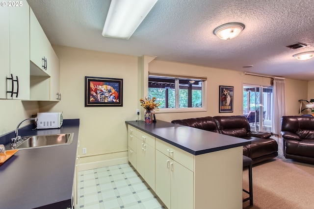 7145 SW Gable Pkwy, Portland, OR 97225 - kitchen featuring a peninsula, white microwave, open floor plan, a textured ceiling, and dark countertops