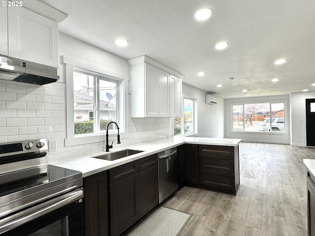 kitchen with appliances with stainless steel finishes, white cabinetry, a sink, a peninsula, and under cabinet range hood