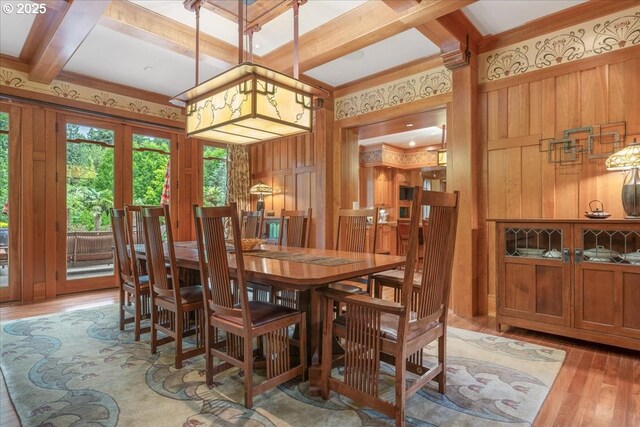 13150 SW Iron Mountain Blvd, Portland, OR 97219 - dining room with light wood-style floors, wood walls, coffered ceiling, and beamed ceiling