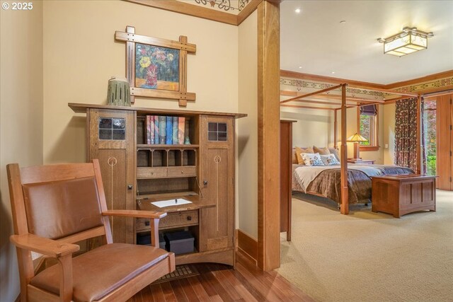 13150 SW Iron Mountain Blvd, Portland, OR 97219 - bedroom with baseboards, wood finished floors, recessed lighting, and crown molding