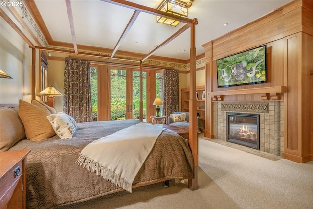 13150 SW Iron Mountain Blvd, Portland, OR 97219 - bedroom featuring a fireplace, carpet, french doors, and crown molding