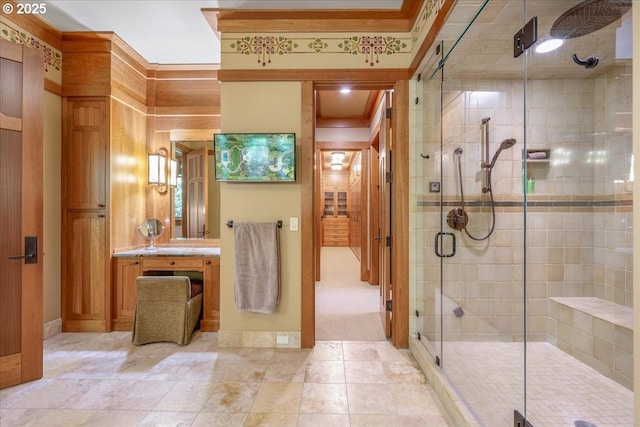 13150 SW Iron Mountain Blvd, Portland, OR 97219 - full bath featuring crown molding, a stall shower, vanity, and baseboards
