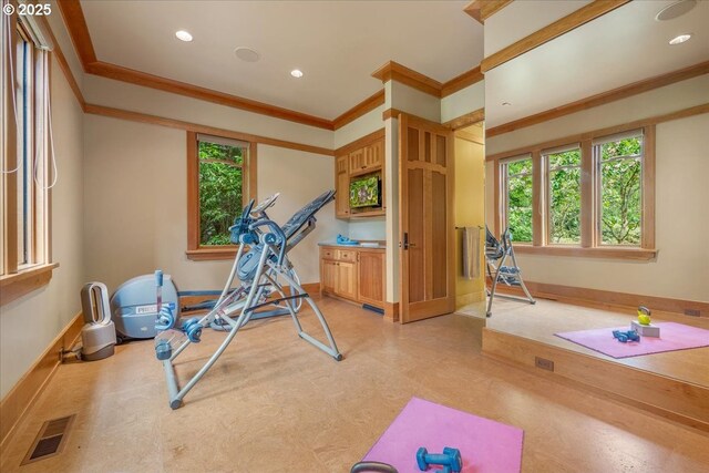 13150 SW Iron Mountain Blvd, Portland, OR 97219 - exercise area featuring ornamental molding, plenty of natural light, recessed lighting, and baseboards