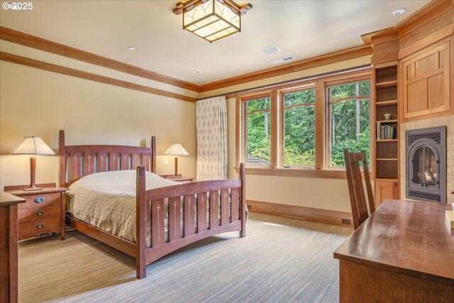 13150 SW Iron Mountain Blvd, Portland, OR 97219 - bedroom featuring baseboards, a lit fireplace, carpet, and ornamental molding