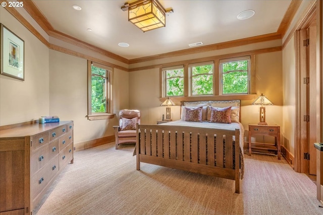 13150 SW Iron Mountain Blvd, Portland, OR 97219 - bedroom with crown molding, baseboards, and light carpet