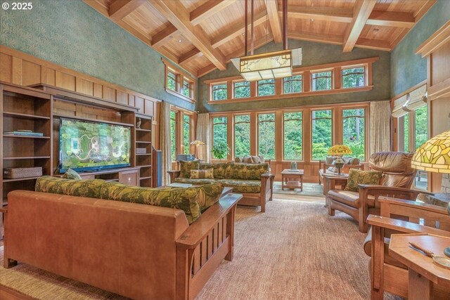 13150 SW Iron Mountain Blvd, Portland, OR 97219 - living area with high vaulted ceiling and wooden ceiling with exposed beams