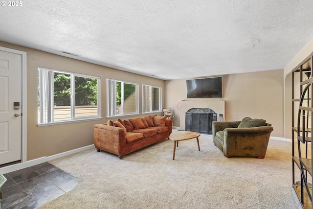 1621 NE 113th St Unit 132, Vancouver, WA 98686 - carpeted living area featuring a textured ceiling, baseboards, and a fireplace