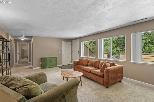 1621 NE 113th St Unit 132, Vancouver, WA 98686 - living room featuring a textured ceiling, baseboards, healthy amount of natural light, and light colored carpet
