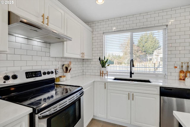 kitchen with under cabinet range hood, tasteful backsplash, stainless steel appliances, and a sink