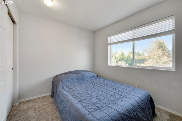 carpeted bedroom with a closet and baseboards