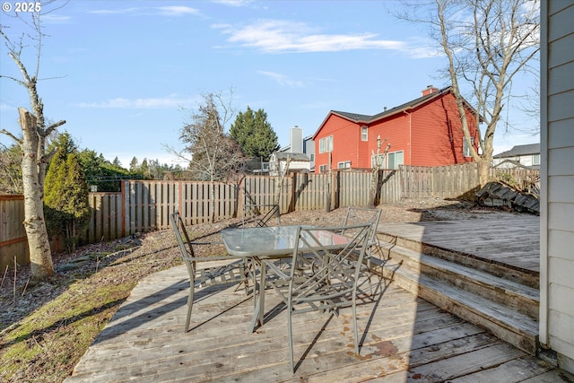 wooden terrace featuring a fenced backyard and outdoor dining area