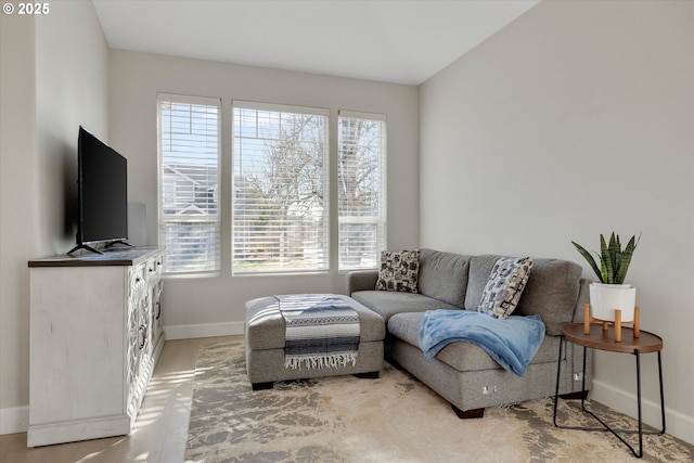 living area featuring a healthy amount of sunlight, light wood finished floors, and baseboards