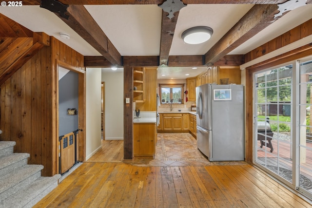 28272 S Hult Rd, Beavercreek, OR 97004 - kitchen featuring freestanding refrigerator, light countertops, light wood-style floors, plenty of natural light, and beam ceiling