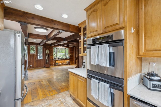 28272 S Hult Rd, Beavercreek, OR 97004 - kitchen featuring stainless steel appliances, light countertops, beam ceiling, light wood finished floors, and recessed lighting