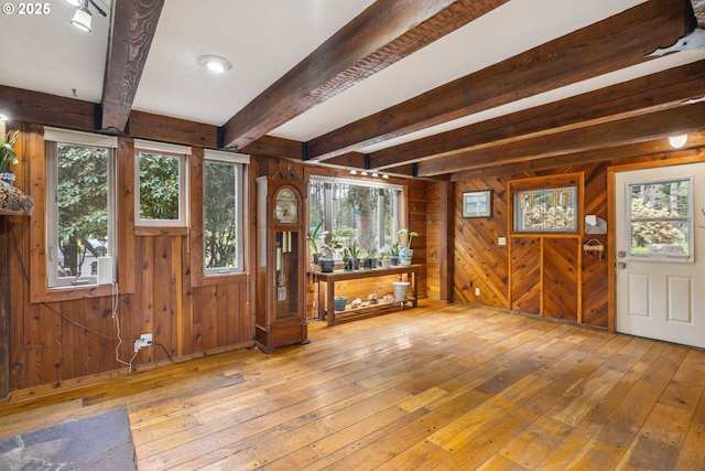 28272 S Hult Rd, Beavercreek, OR 97004 - entryway with beamed ceiling, hardwood / wood-style flooring, plenty of natural light, and wood walls