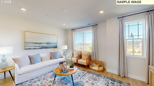 living room featuring a healthy amount of sunlight and light hardwood / wood-style flooring