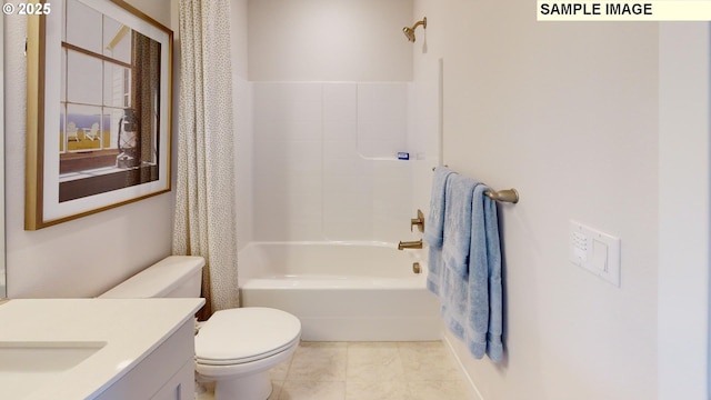 full bathroom with vanity, bathtub / shower combination, and toilet