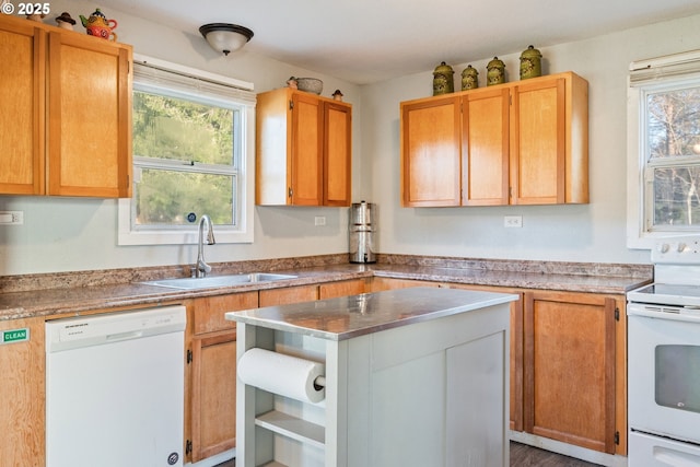 1502 Columbia St, Cathlamet, WA 98612 - kitchen with open shelves, a sink, white appliances, light countertops, and a kitchen island