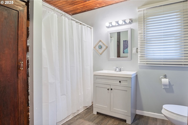 1502 Columbia St, Cathlamet, WA 98612 - bathroom with toilet, wooden ceiling, wood finished floors, and vanity