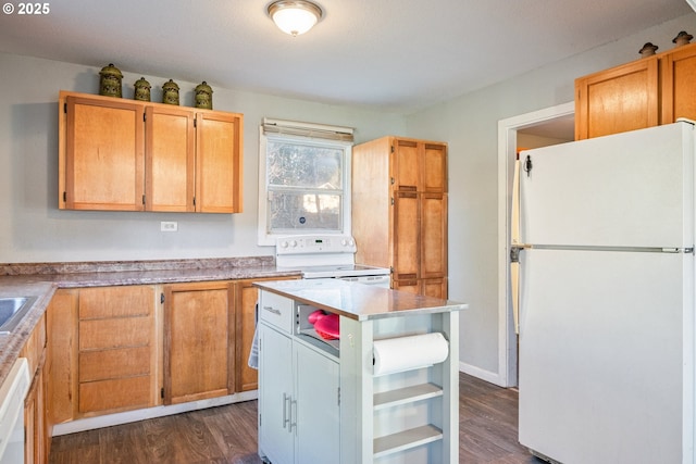 1502 Columbia St, Cathlamet, WA 98612 - kitchen with a center island, open shelves, light countertops, white appliances, and dark wood-type flooring