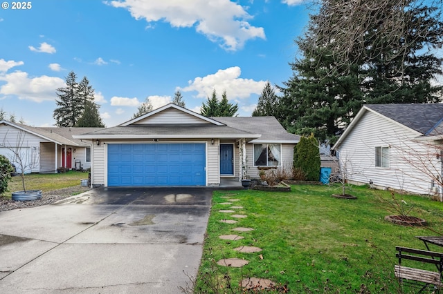 single story home featuring concrete driveway, an attached garage, and a front yard