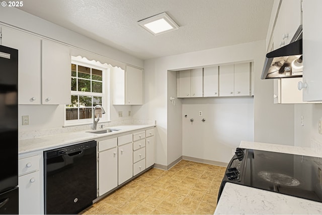 881 S Linden St, Cornelius, OR 97113 - kitchen featuring black appliances, under cabinet range hood, light countertops, a textured ceiling, and white cabinetry