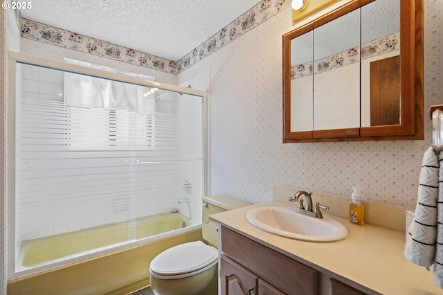 233 SE Paloma Ave, Gresham, OR 97080 - bathroom featuring vanity, wallpapered walls, enclosed tub / shower combo, and a textured ceiling