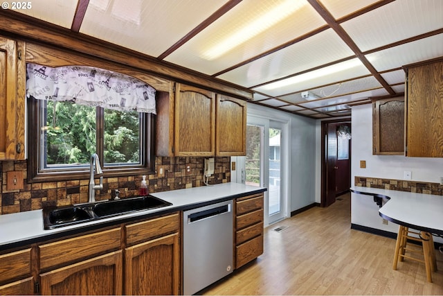 233 SE Paloma Ave, Gresham, OR 97080 - kitchen featuring stainless steel dishwasher, decorative backsplash, light wood-style flooring, and brown cabinetry